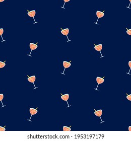 seamless pattern on a dark blue background orange cocktails with a straw and ice in a glass