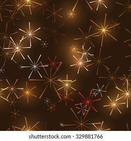 Seamless pattern on dark gold background with original stars or snowflakes