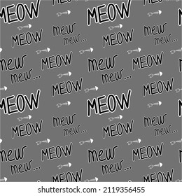Seamless pattern on a dark gray background. Fish skeleton pattern. Word pattern. Lettering Meow. Background for postcards, textiles, wallpapers, wrapping paper, souvenirs.