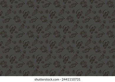 Seamless pattern. Pattern on a dark gray background. Food. Seafood. Fish, crayfish, squid, octopus, mussels. Background for computer screen, phone. Fabric print, texture..