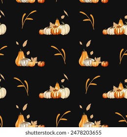 Seamless pattern on a dark gray background. Set with pumpkins and leaves. Vector illustration.