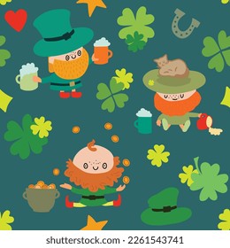 Seamless pattern on dark green background. Hand drawn colourful illustration with Leprechauns and St. Patrick's Day symbols. For textile, wrapping paper, packaging, decor, DIY projects.
