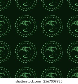 seamless pattern on a dark green background, made of round figures, in the center of the circles is a dragon figurine.   the design is simple and minimalistic,