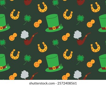 Seamless pattern on dark green background with Leprechaun hat, Clover, gold coins for luck. Vector illustration of magical items of fairy creature Leprechaun. Ideal for textile, wrapping paper