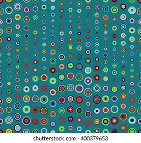Seamless pattern on darkcyan background. Has the shape of a wave. Consists of geometric elements of round shape in color. Useful as design element for texture, pattern and artistic compositions.