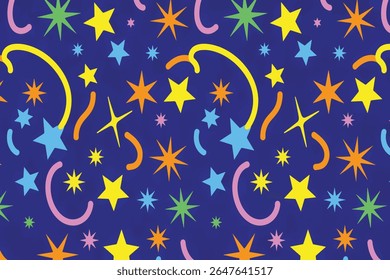 A seamless pattern on deep blue showcases vibrant starbursts and swirling lines. Stars in yellow, green, orange, blue, and pink vary in points. Curved, confetti-like lines add a joyful, festive feel.