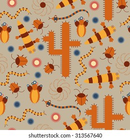 Seamless pattern on desert flora and fauna theme. Cartoon snakes, salamanders, cactus, tumbleweeds and scarabs. Decoration wallpaper or background, idea for children room or wrap paper.