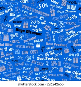 Seamless pattern on discounts and special offers, made of inscriptions and gift boxes, white and black on blue