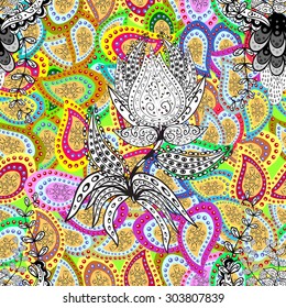 Seamless pattern on doodles background. Vector illustration. Seamless pattern for your design wallpapers, pattern fills, web page backgrounds, surface textures. Ornamental branch or floral background.