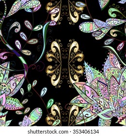 Seamless pattern on doodles background. Vector illustration. Seamless pattern for your design wallpapers, pattern fills, web page backgrounds, surface textures. Ornamental branch or floral background 