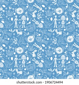 Seamless pattern on the Easter theme. A boy and a girl exchange Easter eggs. Traditional spring festival. In a linear doodle style in a soft blue color.