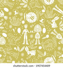 Seamless pattern on the Easter theme. A boy and a girl exchange Easter eggs. Traditional spring festival. In a linear doodle style in a soft mustard yellow color.