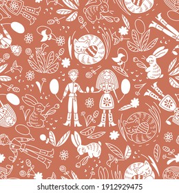 Seamless pattern on the Easter theme. A boy and a girl exchange Easter eggs. Traditional spring festival. In a linear doodle style in a soft carrot orange color.