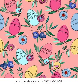 Seamless pattern on Easter theme with colored eggs, flowers, leaves on pink background