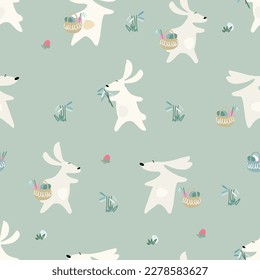 Seamless pattern on Easter theme with Easter bunny with a basket of eggs on pastel background