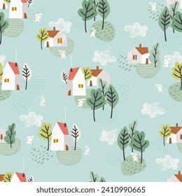 Seamless pattern on Easter theme with Easter bunny with a basket of eggs and pastoral village houses on pastel background