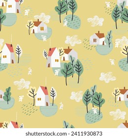 Seamless pattern on Easter theme with Easter bunny with a basket of eggs and pastoral village houses on pastel background