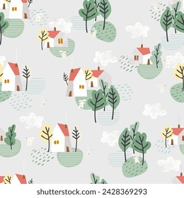 Seamless pattern on Easter theme with Easter bunny with a basket of eggs and pastoral village houses on pastel background