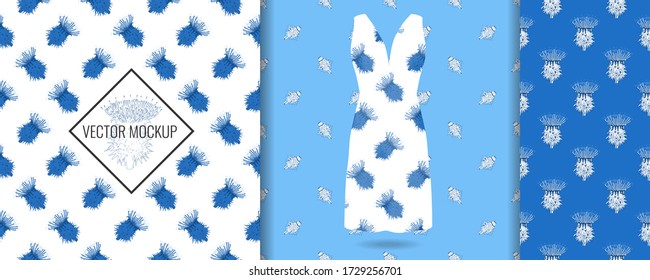 Seamless pattern on evening white dress mockup with thistle flower print. Floral background on dress mock up. Beautiful pattern for textile, fabric print, wallpaper, home decor. Vector illustration.