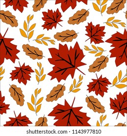 Seamless pattern on fall, red and yellow leaves, the drawing for textiles, a vector illustration