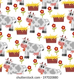 seamless pattern on a farm. funny cartoon cow in flowers. vector illustration