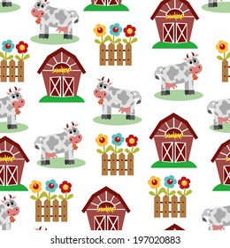seamless pattern on a farm. funny cartoon cow with a farm house. vector illustration