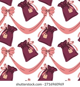 Patrón sin fisuras en bolsas de regalo de color burdeos plano atado con cinta con cintas y lazos conectados de color rosa. Elegante diseño festivo para Navidades envolviendo papel, estampados de temporada en textiles o vacaciones de lujo
