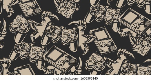 Seamless pattern on the gaming theme with broken joystick and paw dinosaur on the black background.