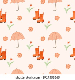 Seamless pattern on a gentle background. Umbrella, rubber boots and flowers. Spring. Summer. Spring weather. Vector in flat style. Suitable for textiles, packaging and wallpaper.