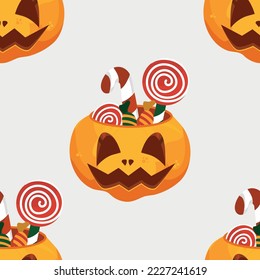 Seamless pattern on . Gingerbread, balls, candies, lollipops, cupcakes, pumpkin, pumpkin pie, pumpkin latte, haunted house, cloves, cranberries. Vector illustration for the holiday. A trick is a treat