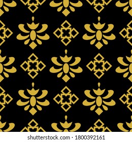 Patrón sin brillo sobre el color dorado y el fondo negro adecuado para tejidos, textiles, papel o diseño interior como el arte de la pared.