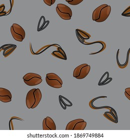 Seamless pattern. 
On a gray background coffee beans are randomly placed in the shape of hearts and notes. Packaging with a repeating texture.