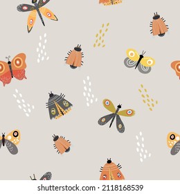 Seamless pattern on a gray background with insects, bugs, butterflies, summer, spring, happy easter background, digital paper, packaging.