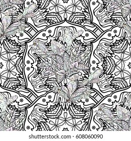 Seamless pattern on gray background with gray elements. Seamless classic vector gray pattern. Classic vintage background. Traditional orient ornament.