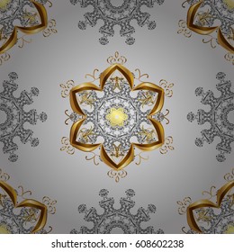 Seamless pattern on gray background with golden elements. Vector oriental style arabesques. Openwork delicate golden pattern. Brilliant lace, stylized flowers, paisley. Seamless golden texture curls.