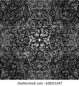 Seamless pattern on gray background with white elements. Oriental style arabesques. Openwork delicate white pattern. Seamless white texture curls. Vector art. Brilliant lace, stylized flowers, paisley