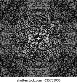 Seamless pattern on gray background with white elements. Oriental style arabesques. Openwork delicate white pattern. Seamless white texture curls. Vector art. Brilliant lace, stylized flowers, paisley