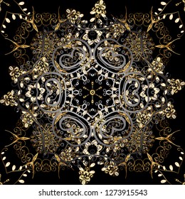 Seamless pattern on gray and black colors. Vector golden seamless pattern. Seamless golden textured curls. Golden elements in oriental style arabesques.