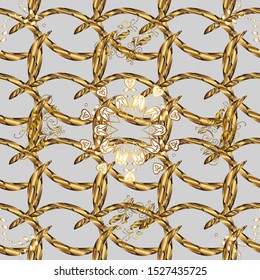 Seamless pattern on gray and brown colors with golden elements. Vector oriental ornament. Seamless golden pattern.