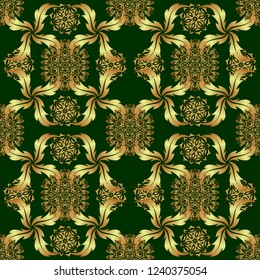 Seamless pattern on a green backdrop. Traditional indian style, ornamental floral elements for henna tattoo, printing, golden stickers, mehndi, yoga design. Vector art of golden mehndi.