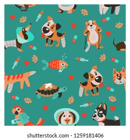 Seamless pattern on green background for veterinary clinics and animal shelters. Cute sick animals. Dogs, cats, turtles, hamster and fish.