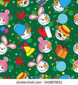 Seamless pattern on green background. Snowmen, gifts, Christmas balls.