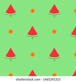 Seamless pattern on a green background with smiling pieces of watermelon and the sun, vector illustration. A slice of watermelon. Tasty healthy seasonal summer fruit, vitamin