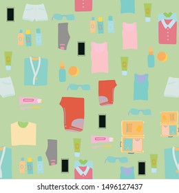 Seamless pattern on green background with flat lay clothes and travel accessories. Vector illustration