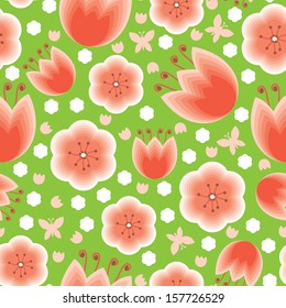 Seamless pattern on green background with tulips