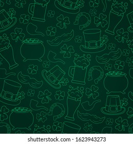 Seamless pattern on green background with Saint Patrick Day elements. Spring holiday texture with clover, hat, horseshoe, leprechaun beard in outline.