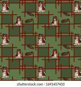 Seamless pattern on a green background cage and stripes, English dog in a checkered cap