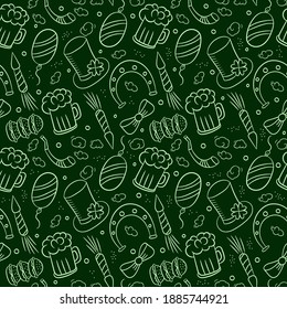 Seamless pattern on a green background with classic St. Patrick's day symbols: beer, horseshoe, hat, clover. Vector illustration in Doodle style for pub design, restaurant menus, signage, textiles.