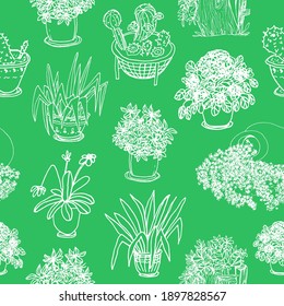 Seamless pattern on a green background. Flowers in pots, garden plants. Succulents, flowers silhouettes. Botanical, natural, garden, cute vector pattern. For printing and design on fabric, paper.