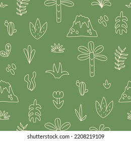 seamless pattern on a green background in doodle style with elements of african wildlife for the design of children's textiles and nursery